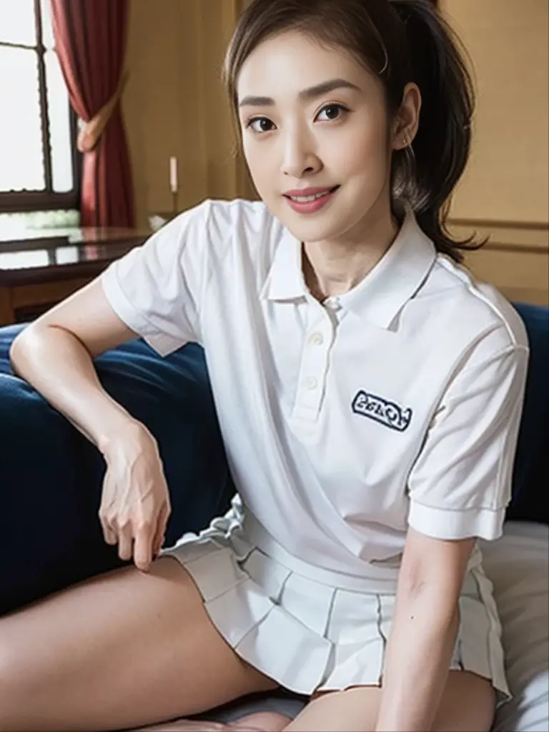 doggystyle, (Masterpiece, Best quality:1.3), (Ultra realistic, Photo-realistic:1.2), Natural light, 28 years old actress, Japanese 2 women, Neat and clean, (White tennis uniform, White short-sleeve polo shirt with darknavy line collar:1.1), (unbutton:1.3), (White pleated skirt:1.1), white sock, (short wavy hair:1.3), ponytail, (Beautiful face), Oval face, clear, Beautiful eyes, Kind eyes, Clear skin, Small face, Beautiful mouth, Small mouth, Natural makeup, Approachable, (nsfw:1.1), Seductive smile, (Seductive pose:1.2), (Beautiful thighs:1.1), (Bedroom eyes:1.1), Embarrassed, Blush, Luxury hotel Suite room, On bed, Hidden camera installed in suite room captures obscene reality of girls high school, (lesbian couple , petting together:1.1), grabbing crotch, erotic kiss,