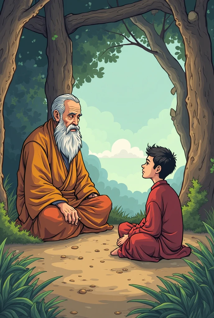 Meeting Master Koji: Hiro is greeted by Master Koji, who is tending to a small garden. Master Koji is an elderly man with a calm and wise expression, wearing traditional Zen monk robes. The garden is filled with blooming lotus flowers, and a gentle breeze rustles the leaves.
In Comic style 