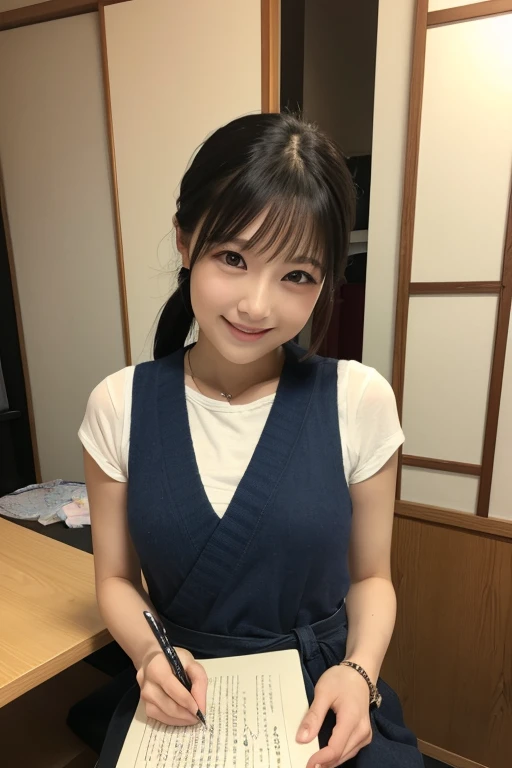 8k,Highest quality,masterpiece, Sharp focus, (beautiful, Gorgeous and cute Japanese 20 year old woman:1.3),((Comfortable loungewear)),繊細でbeautiful細い眉毛,beautiful woman, 繊細でbeautiful髪, Droopy eyes, Very detailed, 超beautiful女性, Glowing White Particles, (Side light:1.2), Brown hair detail、(Selfie, Top View: 2.0), (Half of the body is straight: 1.4)、Tie up your hair、Her House、(Face Zoom:1.8)、Laughing with loose teeth、front