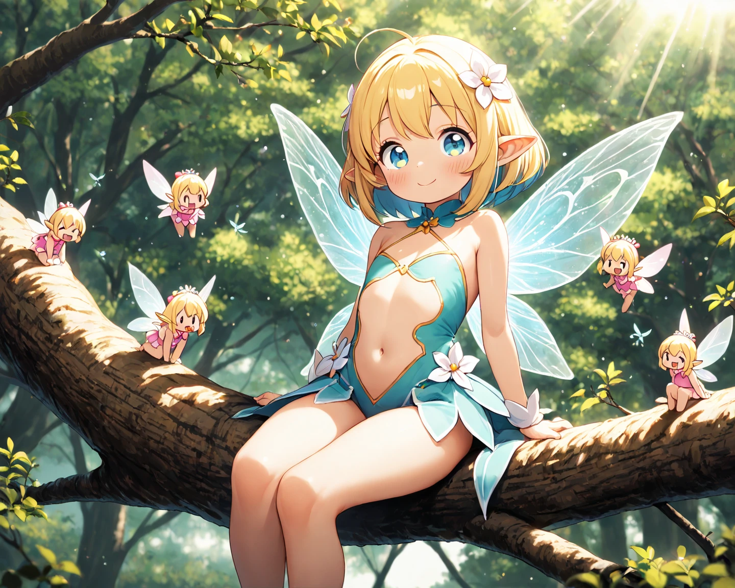 ((masterpiece)), ((highest quality)), (ultra high resolution,8K),(Ultra high fine mesh,4K), (Highly detailed CG integrated 8k wallpaper), (perfect anatomy,anatomically accurate), (Angle from below), (((Sitting on a branch of a tall treeセクシーな魅力を持つ爆乳三姉妹の妖精))), (((Faithfully reproduced three big-breasted sisters fairies))), (Sitting on a branch of a tall tree:1.5), beautiful butterfly in flight, (Surprised gesture:1.4), ((whole body)), (brown hair +1.2), blonde hair, (short bangs), (dynamic composition), High definition beauty face, (more beautiful blue eyes), (open your mouth), (wet body)), shiny skin, fine skin, thin hair, background, (Butterflies flying around a woman), (starry sky), forest, Pillar of Light, moonlight, Sparkling, (midnight, darkness), Shining six-pointed star, (From the back, look back)