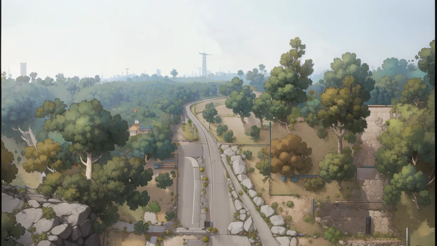 map style, Asian style, nice color, generate from original image, details, trees, roads, view from image, roads from original image, fields