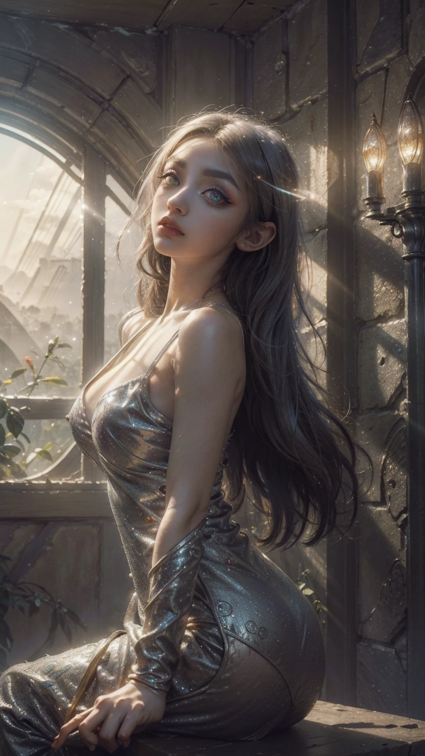 A beautiful young woman, , wearing a tight-fitting dress, with a dominant gaze and small fangs, exquisite figure, highly detailed, intricate textures, realistic lighting, dramatic colors, dark fantasy style, cinematic composition, masterpiece, 8k, ultra-detailed, photorealistic