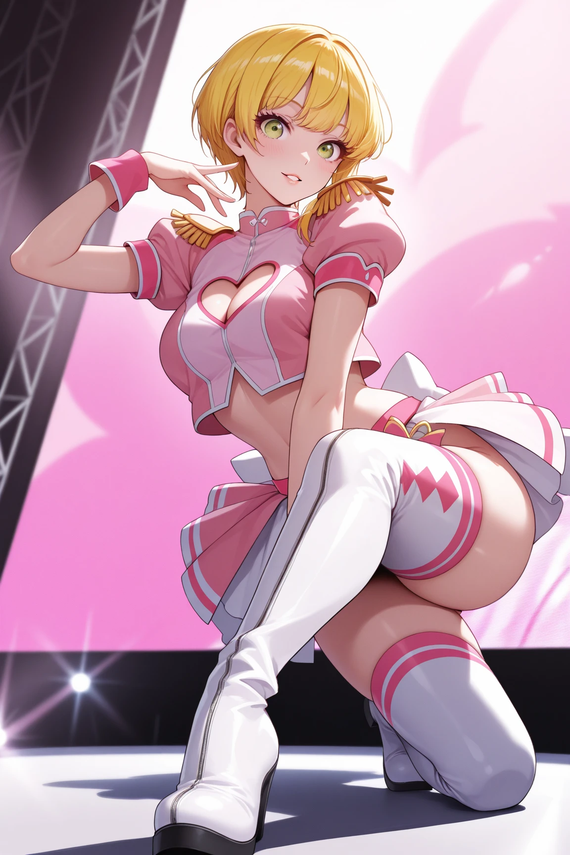 ,Masterpiece, best quality, from below,pov,love live style,solo focus , nishikino maki, red hair, purple eyes,breasts, pink latex crop top,pink latex skirt, white elbow gloves, white knee boots , magical girl ,on street , standing,skindentation, white panties, hair band,embarrassed , arms down, hands down , partially visible vulva, suspended from behind, sexually suggestive 