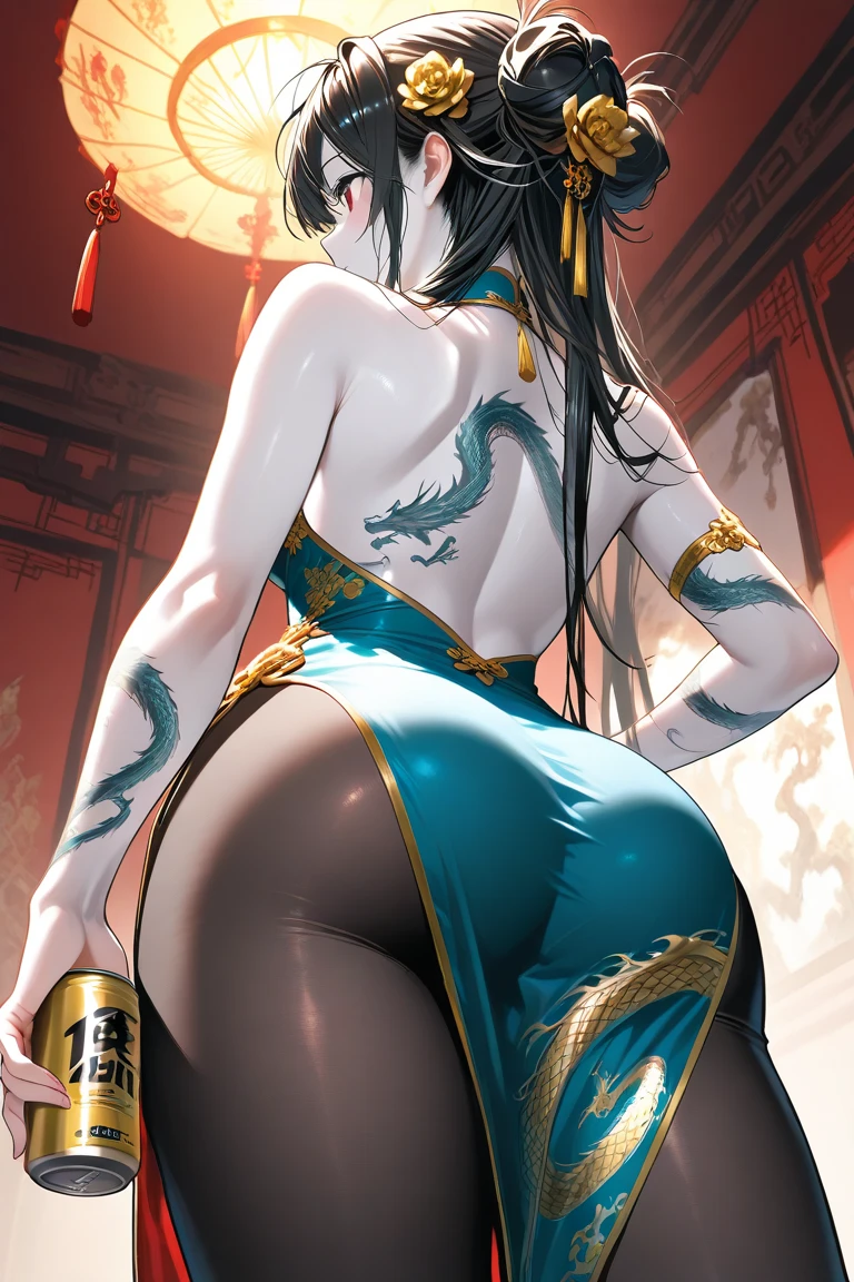(highest quality:1.2, Very detailed, Latest, Vibrant, Ultra-high resolution, High Contrast, masterpiece:1.2, highest quality, Best aesthetics), (((1 girl))), From the back, big dragon tattoo on back, Tattoo on back, Naked body, Nude breasts, nipples,  Beautiful back, Pull up your hair, Nape, Detailed tattoo representation, Colorful tattoo dragon, Fine image, A woman with a slender body, Round ass, Sexy legs, Beautiful Skin, (Detailed Eye Expression:1.2), Beautiful woman looking back, Standing, Cowboy Shot, Black Hair, Long Hair, Dutch Angle, Full Body Shot.