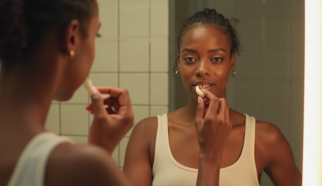  (african woman)  giving a blowjob  in a bar crowded bathroom,nightime, Polaroid, early 2000's, raw photo, skin pores,cries