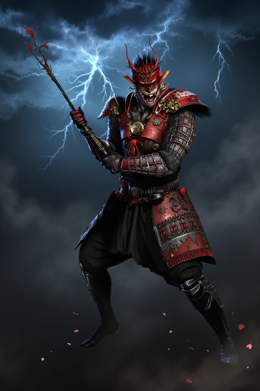 Create a highly detailed image of a muscular 38-year-old male nunchaku warrior, exuding authority as a Shogun. He wears a menacing traditional Japanese Oni mask with vivid red and black demonic features, glowing eyes, and sharp fangs. His sleek, lightweight armor is intricately designed with crimson and gold clan symbols, blending samurai aesthetics with Mantis Clan motifs. The armor is adorned with subtle storm-themed engravings, reflecting his connection to tempests. He wields two glowing +5 Serren nunchaku, one in each hand, crackling with electric energy and etched with ancient runes, held in a dynamic combat stance. His posture is commanding yet agile, embodying both power and precision. The background is a turbulent, stormy sky with dark, rolling clouds illuminated by jagged lightning strikes, creating a dramatic and intense atmosphere. Scattered cherry blossom petals swirl in the wind, adding a touch of elegance to the scene. The overall mood is epic, fierce, and steeped in Japanese mythology