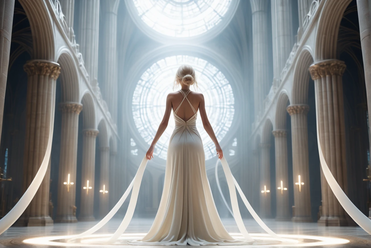 A pure girl, tall, fox ears, backless evening dress, golden high ponytail, glow, eyes looking ahead, magical architecture, hands behind her back, sexy, showing beauty, white sneakers, tassels,