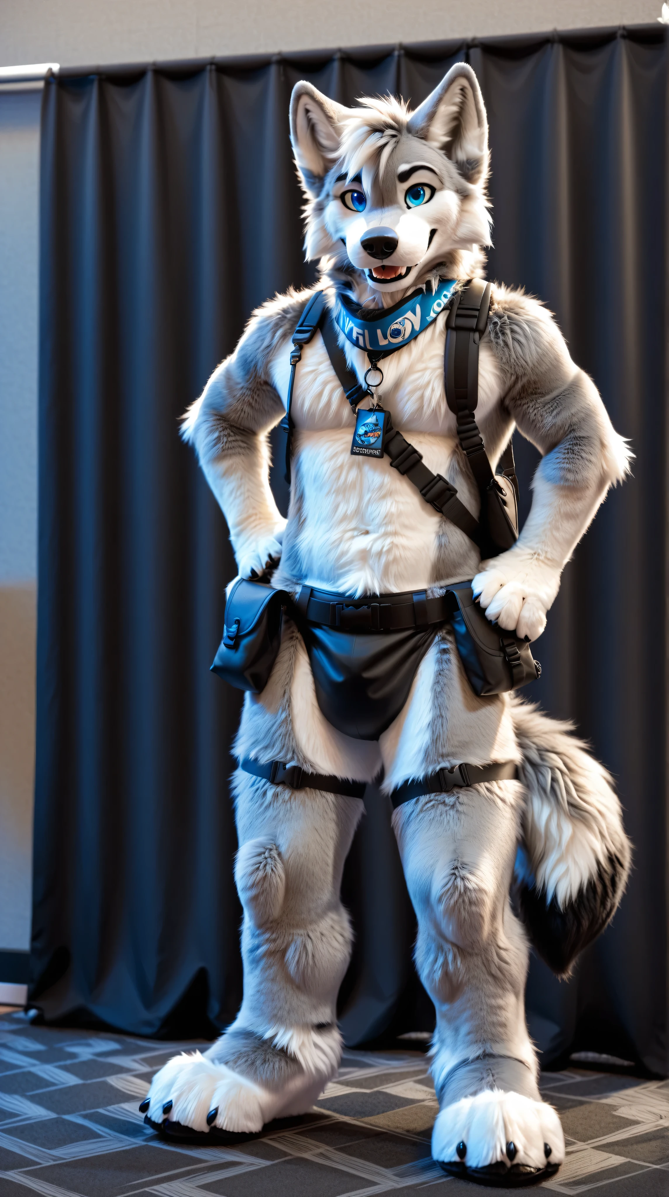 full body, fursuit, male, grey, grey limbs wolf, blue eyes, lanyard around neck, black fanny pack, furry convention background