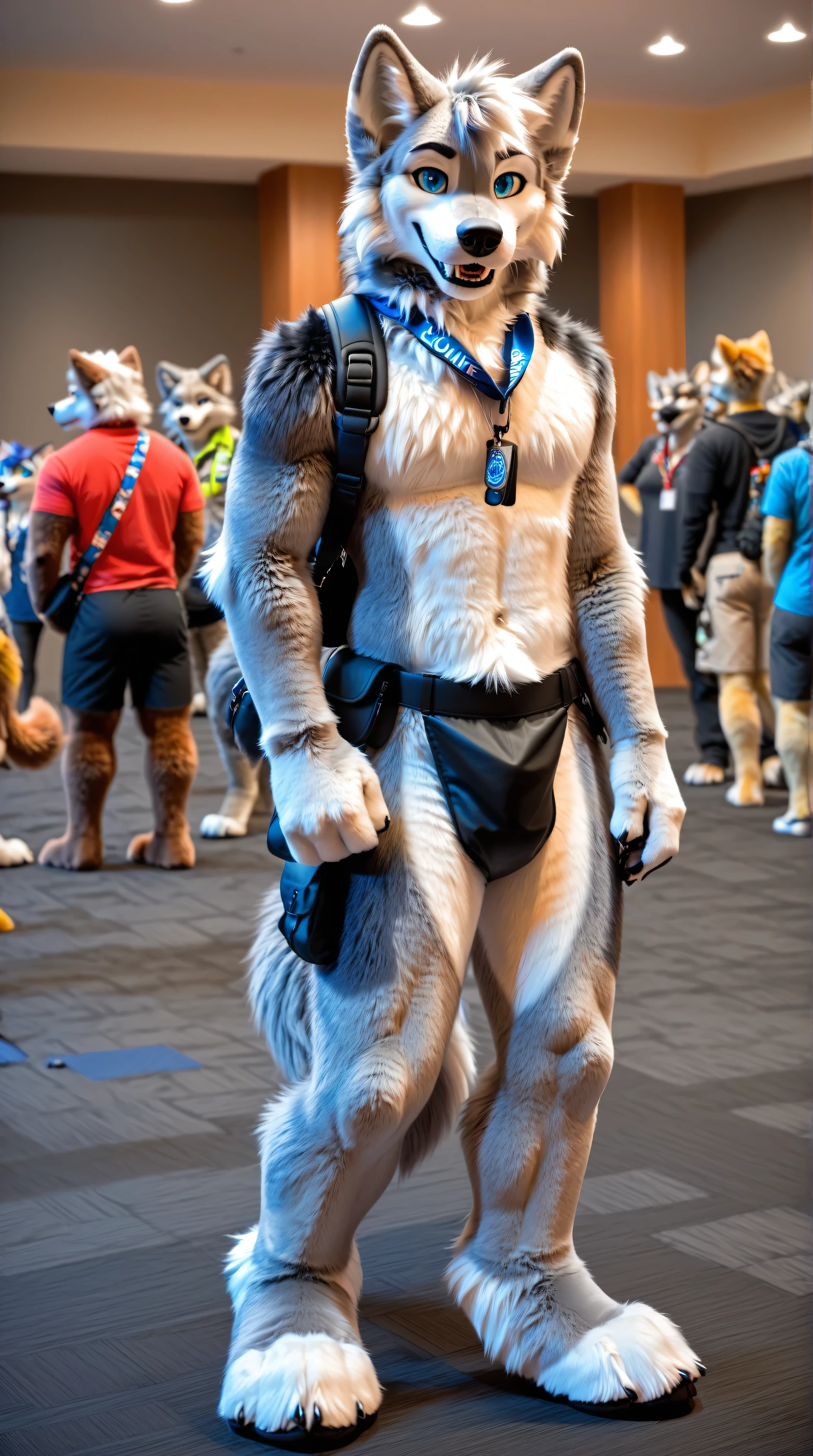 full body, fursuit, male, grey, grey limbs wolf, blue eyes, lanyard around neck, black fanny pack, furry convention background