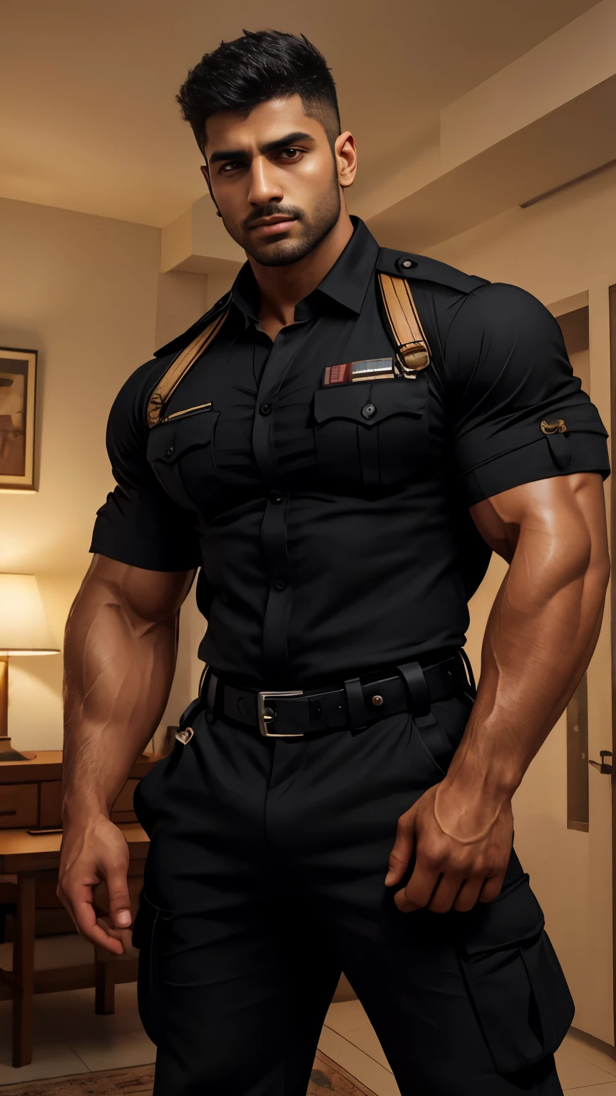 Sexy indian gurjar 40 years old hunk in navy security guard uniform with batches on shirt and huge bulge