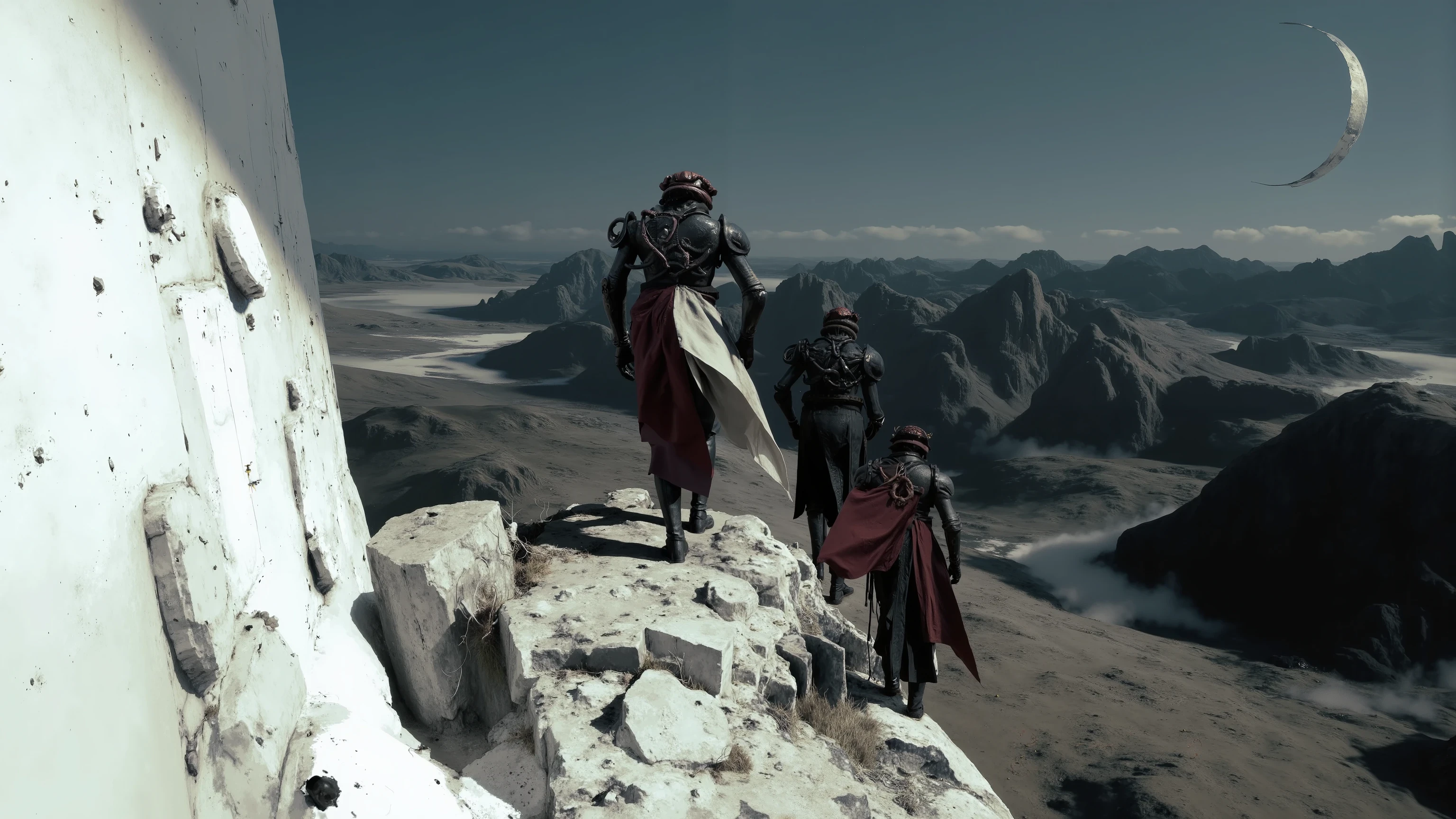 Walking alone on a cliffside path，Loneliness，figures wearing black costumes with pipes and wires， wears a white cloak ，The inside of the cape is red，on the side of the cliff, and you can see mountains and rivers in the distance，is a towering white cliff on one side，There are white pipe and circuit textures on the cliff,The cliff is composed of square rocks， Science Fiction，metallic texture，大Wide-angle composition。A sense of emptiness in the scene，Sacred，a golden ring in the sky shines，on the body creates a sense of depth and perspective, Dark Tones，Film composition ，Wide-angle composition，Movie lighting ，Art by Piotr Jabłoński，drk4rt，Billie Eilish