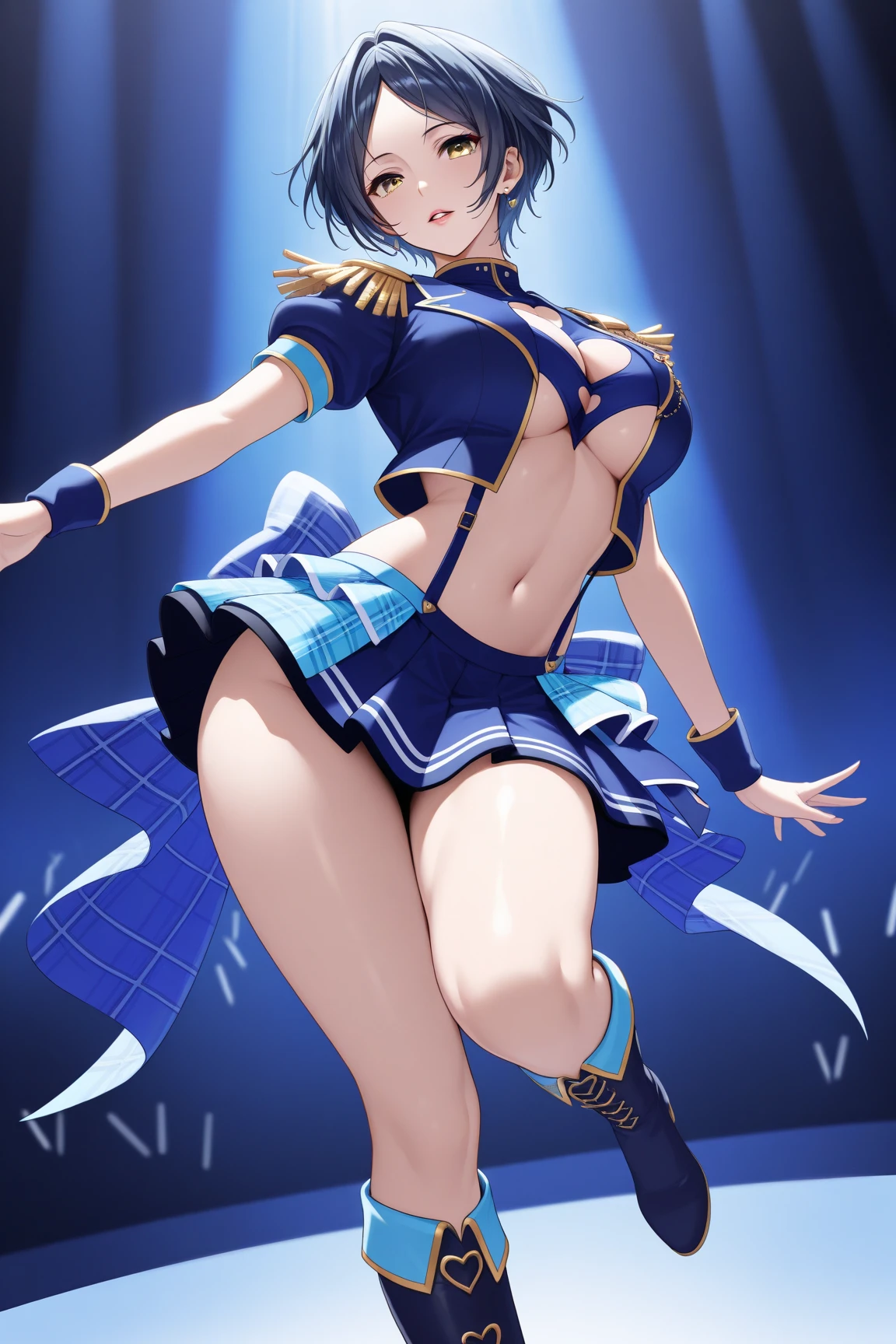 ,aikatsu,1 girls,in senki zesshou symphogear style , Blue long hair,Side Pony tail,Blue and White battle suit,BREAK,ultra-definition, high resolution, ultra-detail CG,caustics, Live stage, in front of super large vision, singing, stand blade ,