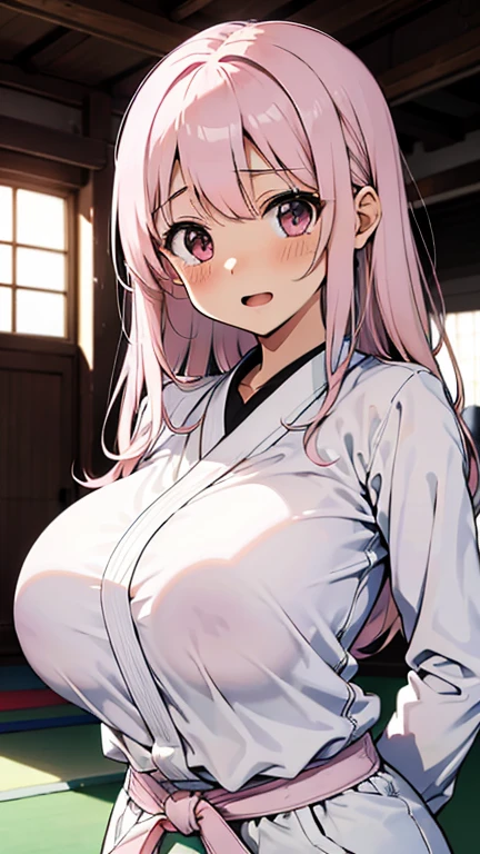 1 girl, game CG, white bathrobe, jewel pendant, gigantic breasts, pink hair, long hair, hair up, princess hairstyle, ahoge, pink eyes, mountains, trees, indoors, rain, sitting, from the side,