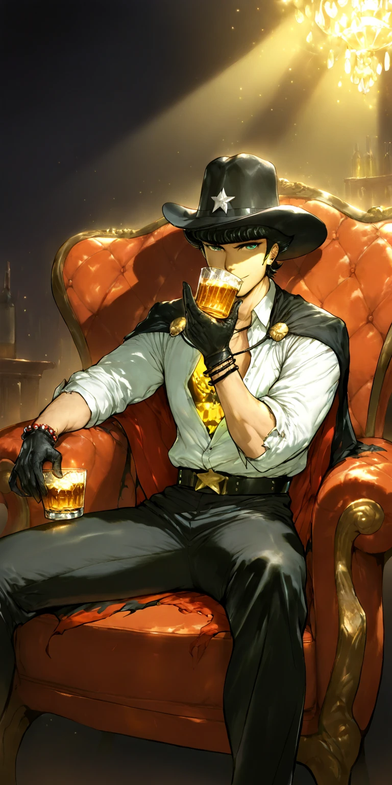 (artist: boingo), (artist: laser flip), (artist: orushibu), Vampri-man is wearing a black ranger cape, with his forearms open, black cowboy hat and unbuttoned shirt, shirt in his arms, he has many different bracelets, he is slowly sitting in a chair in a bar with whiskey in one hand and a red revolver in the other hand, the bar looks old and dusty, old armchair with torn upholstery