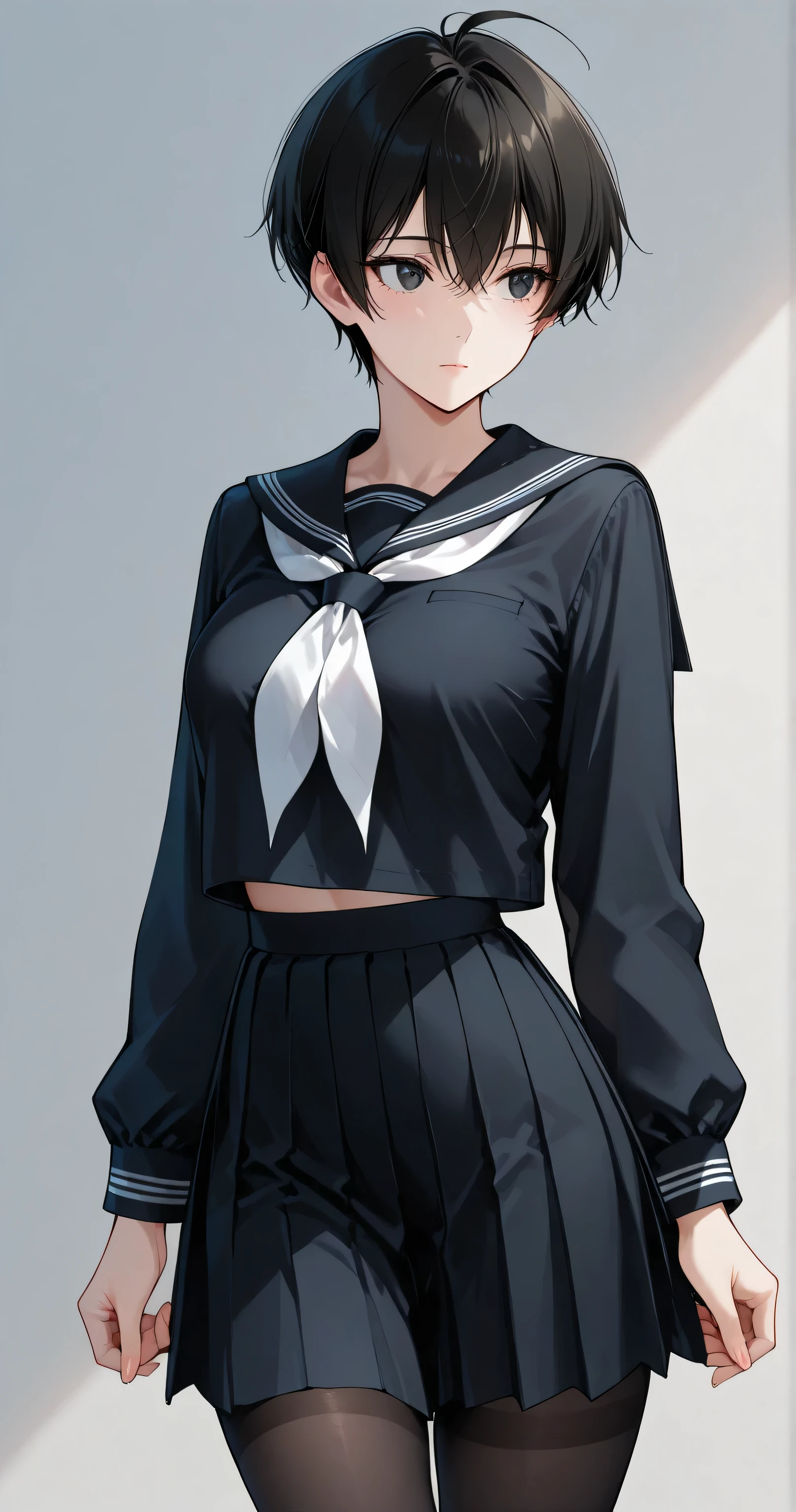 insanely detailed,
She is beautiful,
Cute anime-style girl (1.7),
Cell-shaded style, vibrant colors (1.7), 2D anime style, flat color (1.7),
Sharp focus (1.3), clear lines, crisp outlines, bold and confident outlines, thick contour lines, strong line art with refined finish,
Harmonized colors, alluring mystique, stunning clarity,
Short, messy pixie cut black hair with ahoge, glossy highlights,
Detailed black eyes with intricate irises, large highlights, subtle intensity in gaze, clear eyes (1.5),
Ultra-detailed eye contours, long eyelashes, glossy hair texture, flowing strands (1.3),
Calm, boyish beauty, delicate yet strong,
Ethereal, quiet confidence, innocent yet captivating.
Delicate facial features, pure aura, fragile yet unyielding.
White neckerchief, traditional Japanese school uniform (serafuku),
Classic black sailor uniform,
Long sleeve, black color mid-thigh pleated skirt (10cm above the knees), black tights
no symbols or emblems (1.7),
Jet black fabric, 3 black stripes on collar and sleeves, simple black sailor collar, black shirt,
Full and soft breasts, Perfect curvy figure,
Backlight, white simple background,
1girl, solo, no additional characters,
Masterpiece, best quality, ultra-detailed, 8k resolution,
perfect anatomy, correct hand structure, 4 fingers and 1 thumb, elegant and natural pose, visible fingernails(1.3), no tattoos or symbols on face(1.9).
Flawless porcelain-like skin, dewy radiance,
Lunging(1.5),
expressionless, look away,
cowboy shot, side view,
Highly detailed face, flawless skin.