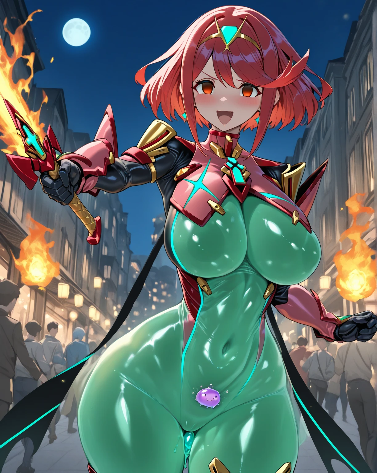 たきfire \(Xenoblade\), Teen_One girl, , bangs, black gloves, chest, Red eyes, shout, Earrings, eyelash, fingerless gloves, floating hair, , gem, gloves, hair ornaments, Headpiece, gemry, huge_chest, leaning return, Swimwear, Neon Trim, Official Art, Pause, Redhead, saitou masatsugu, short hair, Side Lock, Fits perfectly to the skin, alone, swept bangs, Knee socks, tiara, Fantasy_town_returnground, Underbust, Xenoblade chronicles \(series\), (Xenoblade chronicles 2), (Spread the word_foot:1.1), fire_effect,dynamic_Pause,Finding,Light_smile, (Plump:1.1), big_teeth,hugeな_sword, all_big_sword_Pattern, Covered_Nippless, Covered_Pussy, fist,beautiful_refer to,(alone:1.1), just_shoulder,(shoulder_naked:1.2), Nipples_gem,return, return_View, concentrated_teeth,teeth,