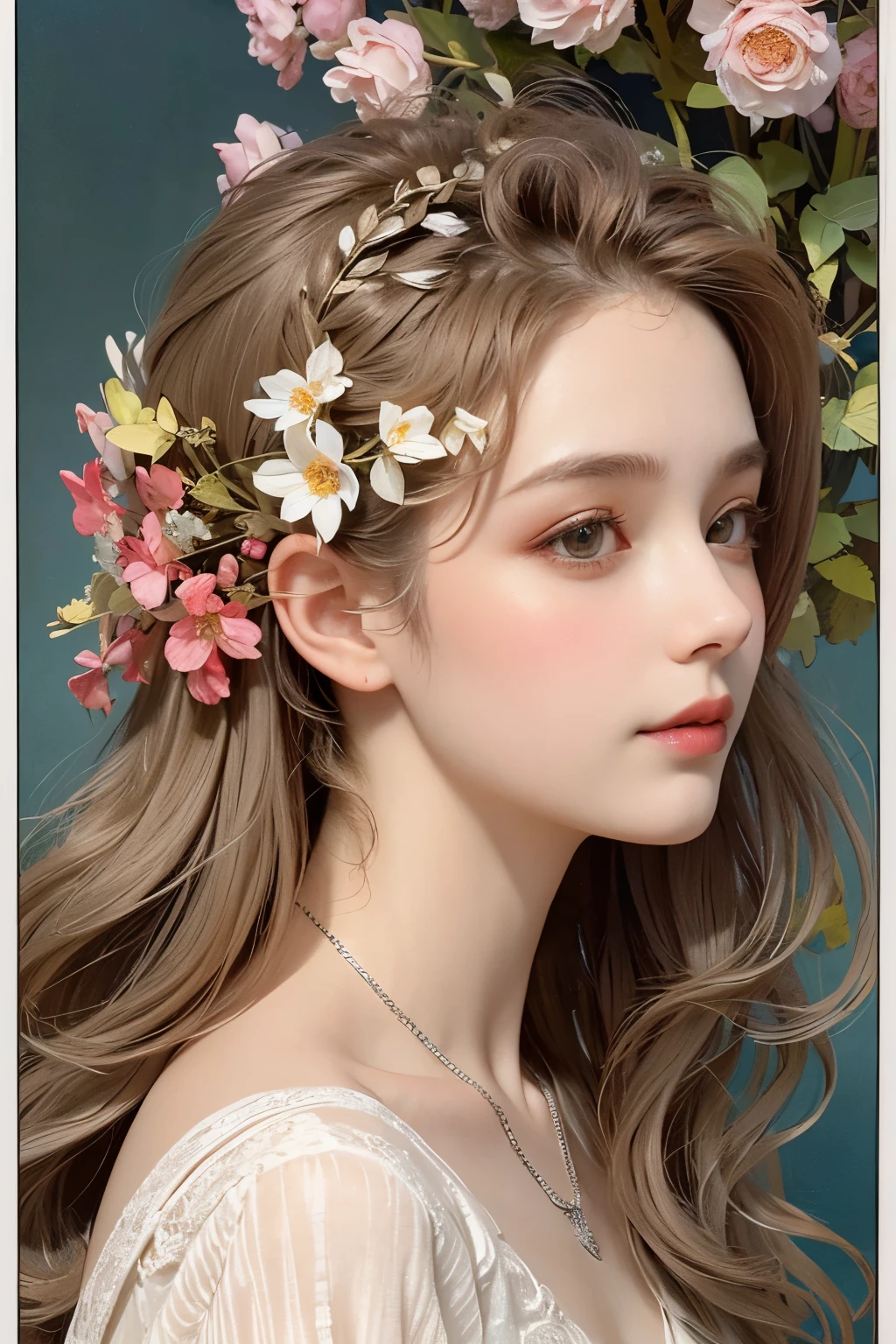 (Oil painting of a beautiful woman), rough touch, focus on face, striking portrait, (calm, kind, bright small smile), cute as a girl, ((silver-gray blonde almost straight medium-long hair)), (close-up), shiny skin, glossy lips, (urban shirt in spring colors), (smart figure), small necklace, soft spring sunlight, small spring flowers of various colors, use of contour lines, clean line drawing, fine and precise details, bright primary colors used partially as accents, fine and precise details, muted colors, (stylish decorative frame in Art Nouveau style), (Alphonse Mucha-style composition), masterpiece!, amazing!, beautiful!, wonderful!