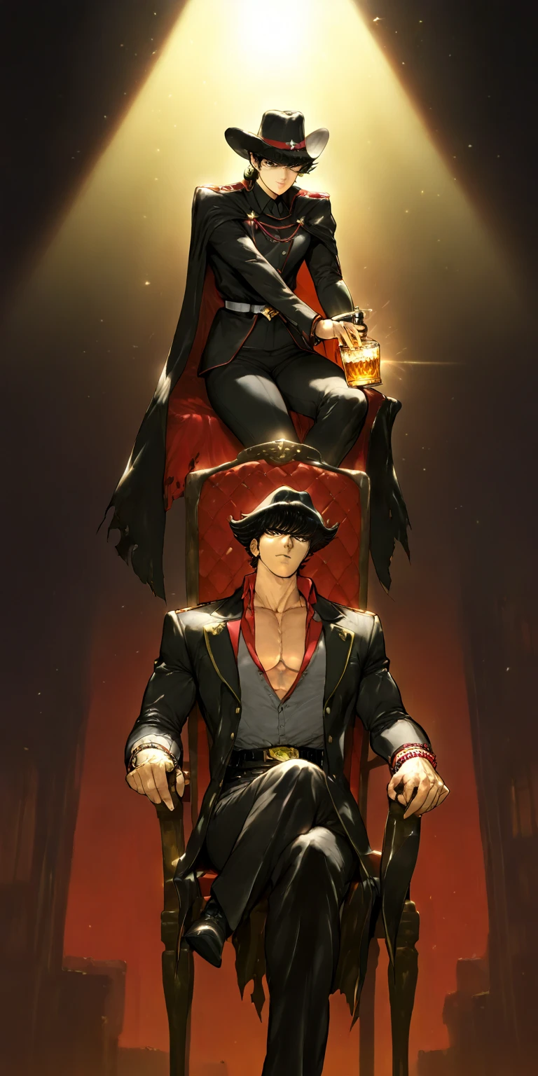 (artist: boingo), (artist: laser flip), (artist: orushibu), Vampri-man is wearing a black ranger cape, with his forearms open, black cowboy hat and unbuttoned shirt, shirt in his arms, he has many different bracelets, he is slowly sitting in a chair in a bar with whiskey in one hand and a red revolver in the other hand, the bar looks old and dusty, the chair is old and with torn upholstery