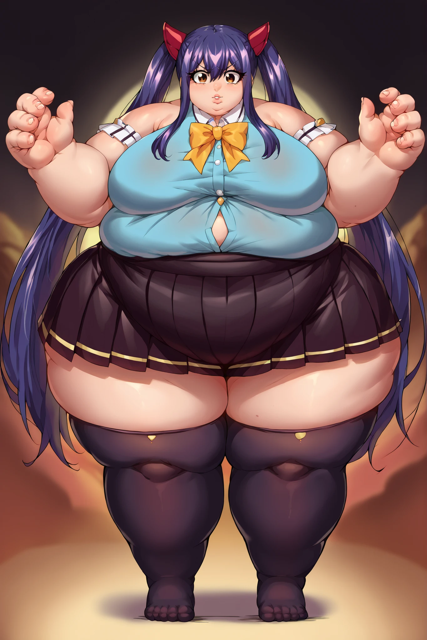 score_9, score_8_up, score_7_up, score_6_up, score_5_up, score_4_up , source_anime masterpiece, satsukiklk, long hair, black hair, blue eyes, thighhighs,skirt, epaulettes, indoors, looking at viewer crossed arms, serious, from below, looking at viewer, thick eyebrows, simple background, cleavage cutout, shoulder armor, pauldrons, full body, belly fat, soft belly, slight abs, plump, potbelly, lower belly fat, 1girl, solo, close up, legs spread, fupa,