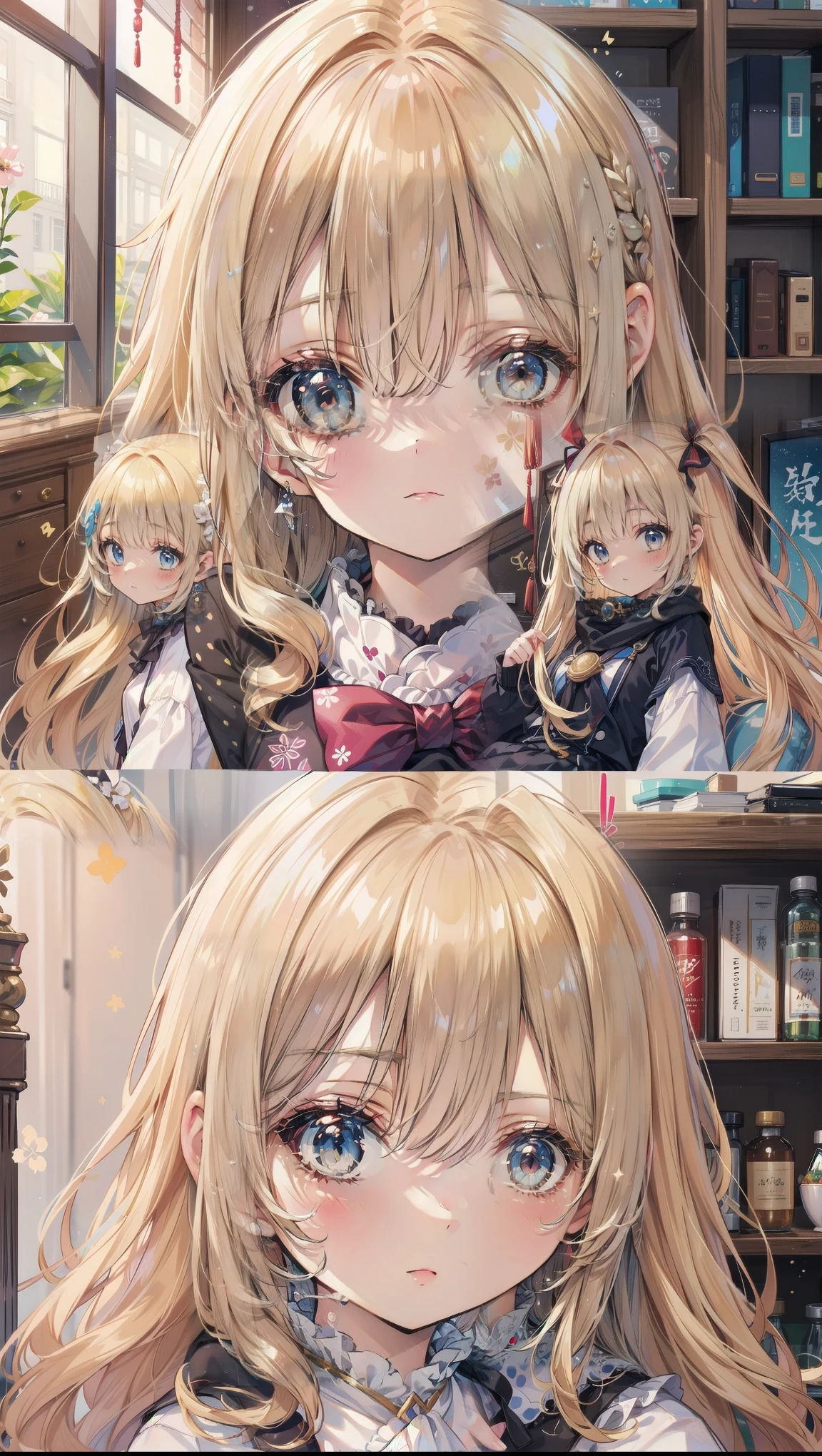 Dots are、明るいピンクの頬、she has chin-length, curly, golden blonde hair with wavy bangs.、she'dark-skinned girl, she is wearing a bright red headband with a ribbon on the right side of her head.. Dots are、she wears a shiny pastel blue and scarlet red dress with a small ribbon belt around her waist。, white collar, 4 crimson buttons, Bright red lining. sheのドレスの下には赤と淡いブルーのチュールスカートがある.. she also、Red top with white socks、she is wearing carnation pink high-top sneakers with bright red shoelaces, Shine; glitter, NSFW,