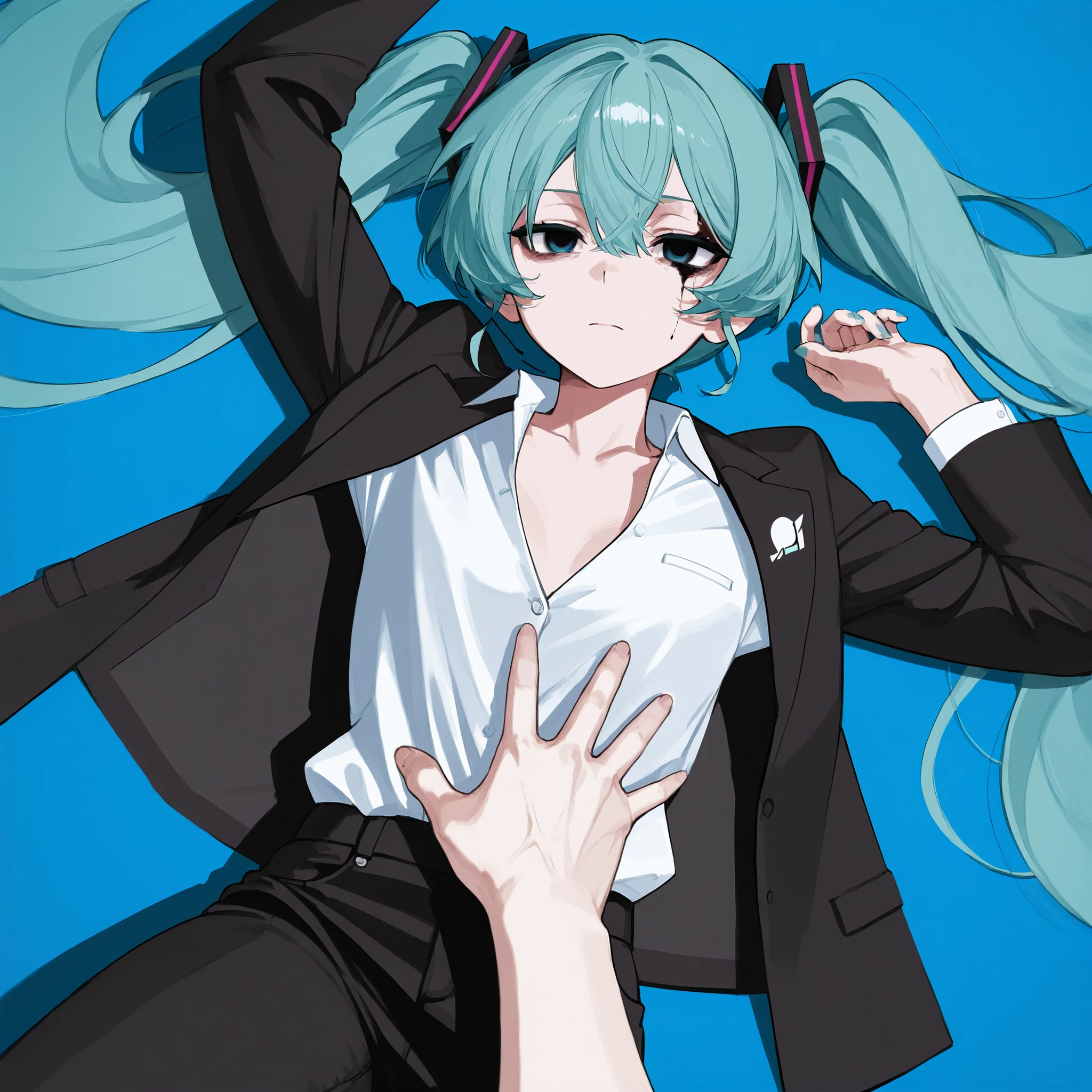 logo musical album by Hatsune Miku with black formal shirt, black jeans, with serious injuries , with a sad and serious expression with dark circles under the eyes, different perspective from above, lying on the floor and extending my hand, blue background