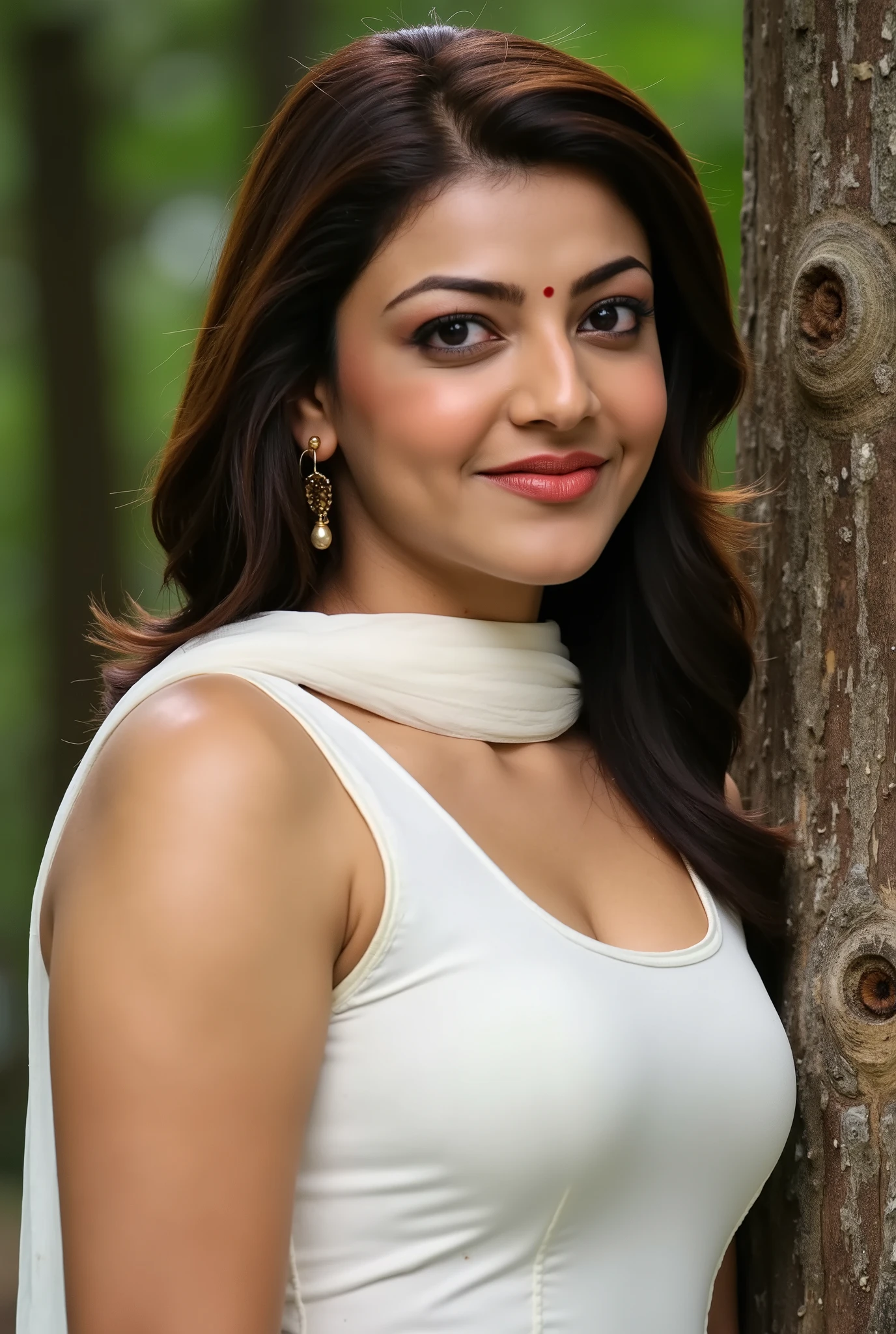 Kajal Agarwal in white Chudidar, standing beside a tree, in a forest 