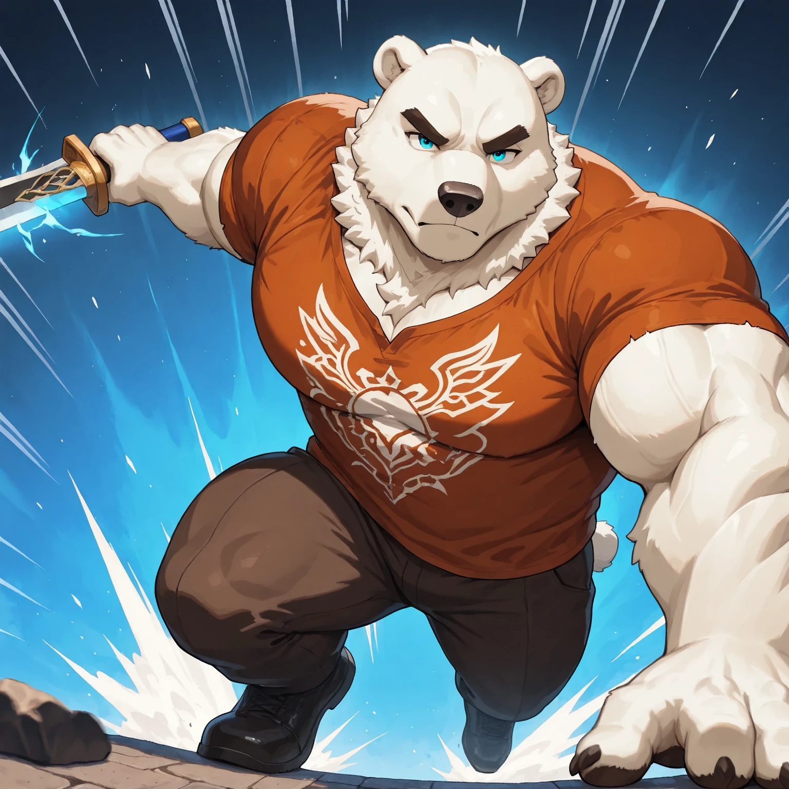 A muscular, furry, warrior, bipedal polar bear with a long, bushy tail, wearing a tattered, bloodstained shirt and holding a rusty sword. He has a determined expression on his face, and his eyes are filled with rage. dynamic lighting, dramatic perspective, motion blur, speed lines, action-packed, high-energy