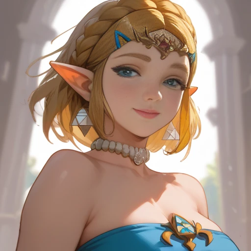 High resolution, Very detailed, perfect lighting, beautiful detailed eyes, ((masterpiece,Best Quality)), absurdities, alone, princess zelda, by the width, crown braid, Hair clip, pointy ears, Elegant navy blue shiny slim fit evening dress, Gloves without fingers, black gloves, smile, curves, deep neckline, deep neckline, Elegant navy blue shiny slim fit evening dress, Primer plano frontal, close up, close up