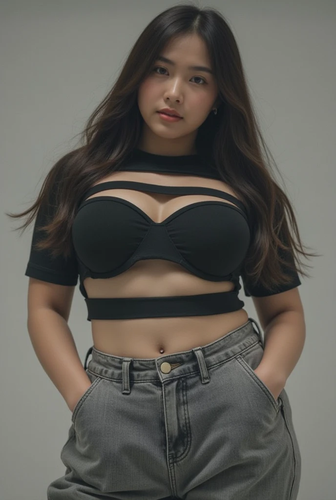A sexy woman with big breasts, athletic body, thick thighs wearing short denim shorts and a long denim shirt and sneakers showing off her muscles 
