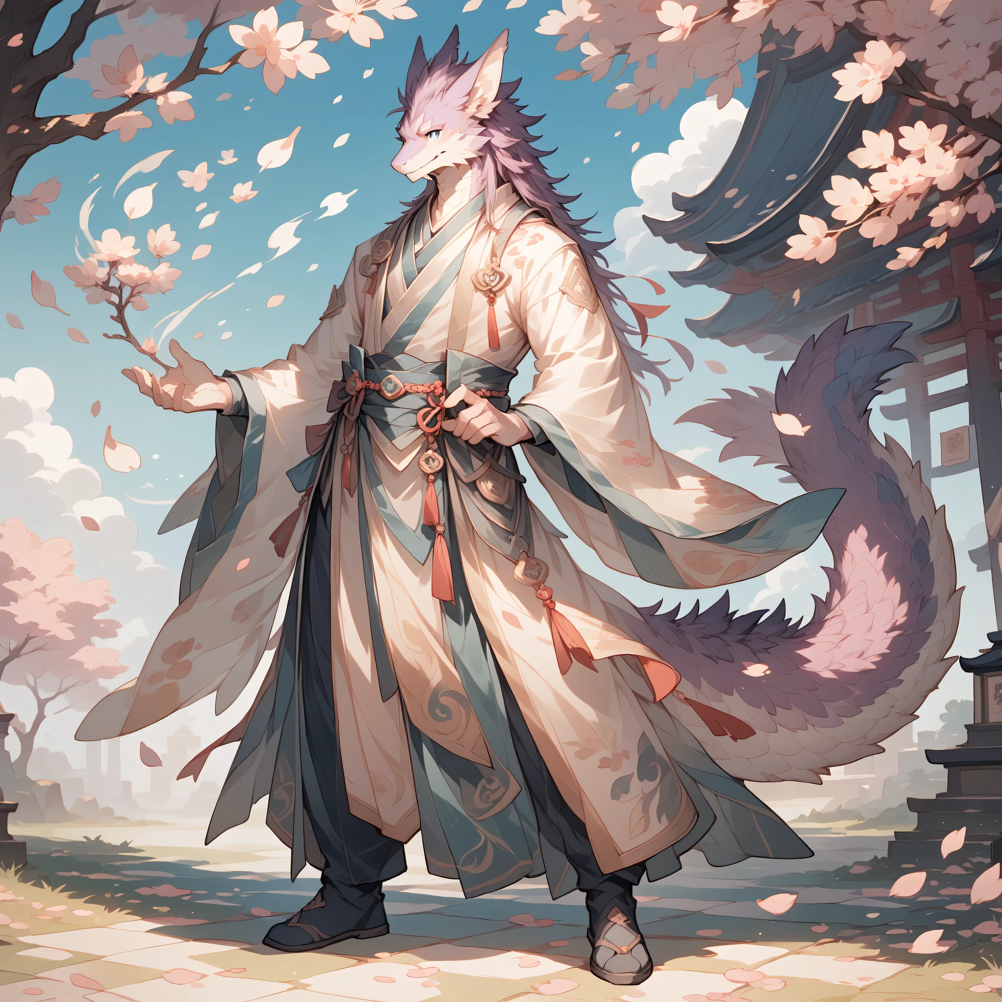 PDXL,
full body,alone, male,(tall:1.1),blue eyes,Cherry blossoms,petal,
Role_design,Concept map,alone,there's nothing there,standing,Digital Media (artworks),magic,plant magic,han fu,Pants,wide dragon tail, white scales,Tail hair ,fluffy tail,Purple fur,author,