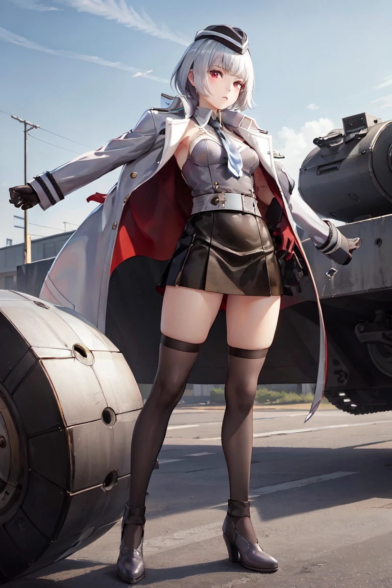 RAW photo, (best quality:1.3), high resolution, (masterpiece), (photorealistic:1.4), professional photography, sharp focus, HDR, 8K resolution, intricate detail, extremely detailed CG unity 8k wallpaper, solo, (realistic skin), TFMTG, (naturally sagging enormous breasts), 1girl, black legwear, miniskirt, silver hair, garrison cap, cape, <lora:TransformersMegatronG:0.8>, jacket on shoulders, (arms under jacket), (red eyes:1.2)