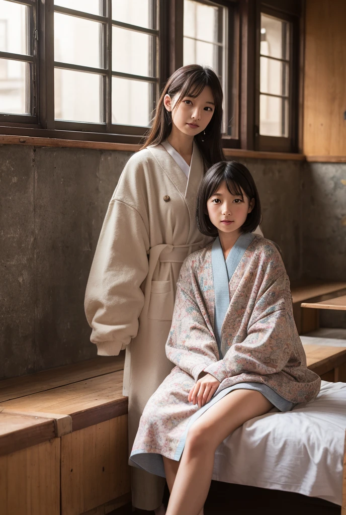 ((Highest quality, 8K, masterpiece:1.3)), Japanese,Family photo, at the front door, 28-year-old mother, 33-year-old father, 6-year-old daughter,Shortcuts, A confident smile, Showing teeth, (sunlight:1.1), Full Body Shot, Highly detailed face and skin texture, Fine grain