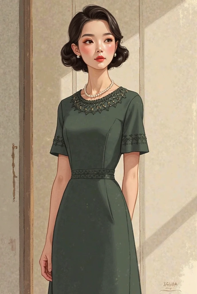 Une jeune femme aux yeux verts en robe verte avec un col claudine blanc, des collants noirs, avec une flûte de champagne à la main. Elle est dans une vieille librairie et sur le bureau à côté d'elle il y a posé un chapeau noir très féminin.