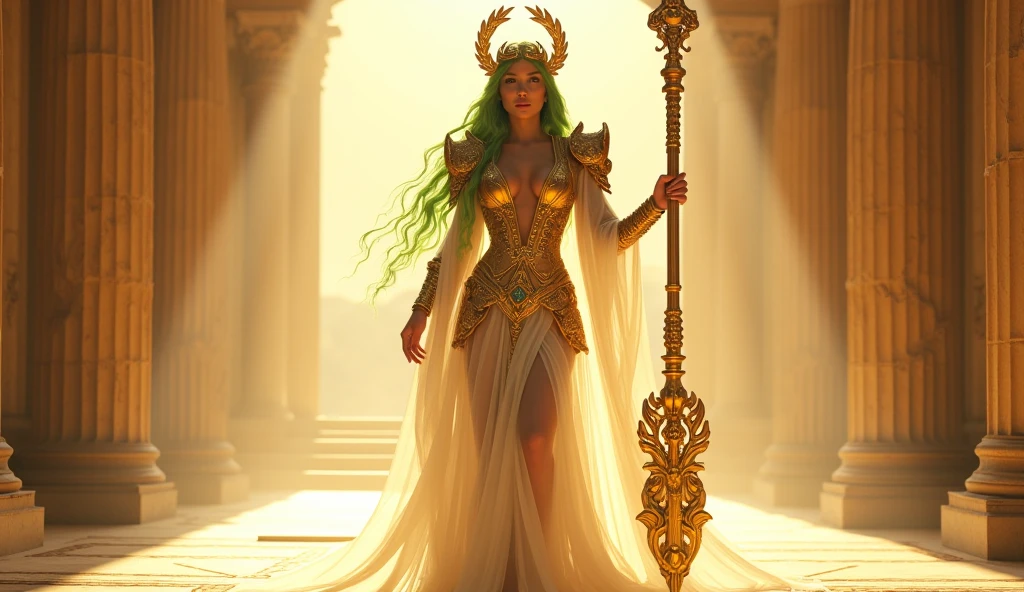 "Imagine an AI-generated masterpiece that transforms Scarlett Johansson into a majestic Greek goddess. Picture Scarlett draped in ethereal robes adorned with divine symbols, embodying grace and strength. Enhance her features with an otherworldly radiance, and place her in a celestial setting with a backdrop of ancient Greek architecture. Incorporate iconic elements like laurel wreaths or olive branches to symbolize victory and peace. Use a color palette that reflects the luminosity of the gods and goddesses. The final image should encapsulate Scarlett Johansson as a mythical deity, a modern interpretation of the divine figures from ancient Greek mythology."