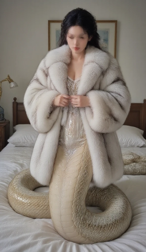 a beautiful woman wearing a very wide and extremely thick white mink fur coat, the coat is 200cm thick and fluffy, with an extremely thick white mink fur collar, 3 layers, (fur fashion show), garter belt, nordic beauty, high ponytail, (gigantic breasts), ((spread legs:1.3))