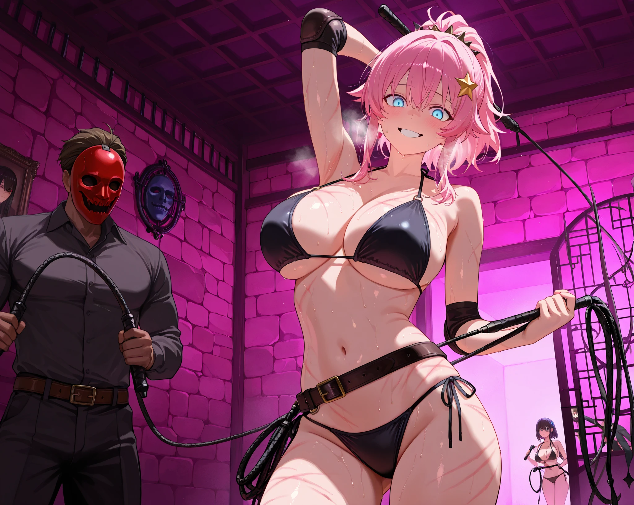 (High resolution), (8K), (very detailed、1 girl、solo、look at the camera、NSFW), (((Blowjob, 1 boy, huge penis, From the side、hetero, Blowjobチオ, oral, big testicles, vein,blush))), (highest quality), (super detailed), (masterpiece), (wallpaper), (detailed face、big breasts)、 ((shibari:1.3、topless、bottomless))、toned abdominal muscles、((saggy breasts))、 dynamic pose、(映画館のdarkness、Ultra-precision CG:1.2、professional light source、great shading、darkness、I want to prevent the collapse of the human body.、perfect limbs、precise fingers)、 ((big penis、Titty fuck、heterosexuality)), (beautiful feces),((world class quality)), ((a dark prison、Dark dungeons with stone walls and cobblestones、Dark creepy background、naked、topless、bottomless、perfect body、collar with chain))、((Aucsol、green skin、grease、fat man、big penis:1.2、ラフsex:1.2、gang rape、sex、sex,and, restrained, black band、chained))、 deep penetration,perspective, zoomed in, multiple boys, prisoner, table top, highest quality、（multiple man orcs、オークとsexをする女性、Woman sucking oak dick、orc long thick penis、A woman holds an orc&#39;s penis between her breasts、Orc is massaging a woman&#39;s breasts、Orc is grabbing a woman&#39;s breasts、Thick dripping from a woman&#39;s nipples、Blowjobチオ、deep throat、intrusion、Wet、cum overflow、 on body、Random angles will be released soon,(pink hair,Scapula, bracelet, bangle, collar, shoulder armor, heterosexual)