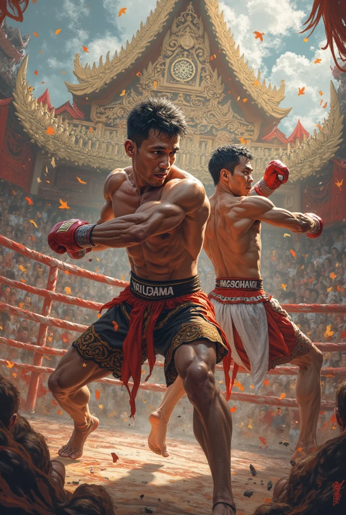 MAN AND ANOTHER MAN, FIGHTING MUAY THAI, DISNEY PIXAR STYLE, HIGH QUALITY