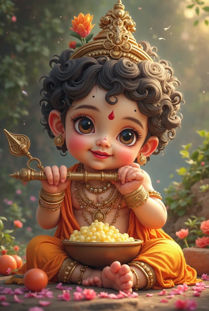 In a cozy, sunlit corner, little baby Krishna, with his dark blue complexion glowing softly, sits contentedly beside a small, earthen pot of makhan (butter). With a playful grin, he reaches into the pot with tiny, chubby hands, smearing the creamy butter all over his cheeks and the matka. A vibrant peacock feather adorns his head, adding a touch of divine charm to the scene. His innocent delight and the rich, golden butter create a heartwarming tableau of divine mischief and pure joy.