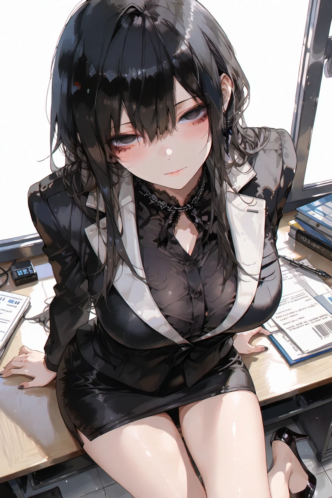 solo, female, sfw, brown hair, brown eyes, neat hair, very large breasts, black suit, juicy tights, displaying thighs, black skirt, sitting, gentle smile, doctor's office, psycologist, couch, pale skin, white turtleneck shirt, flirty, white ribbed sweater, buttoned black suit jacket, close up, pink lips, warm light, notepad