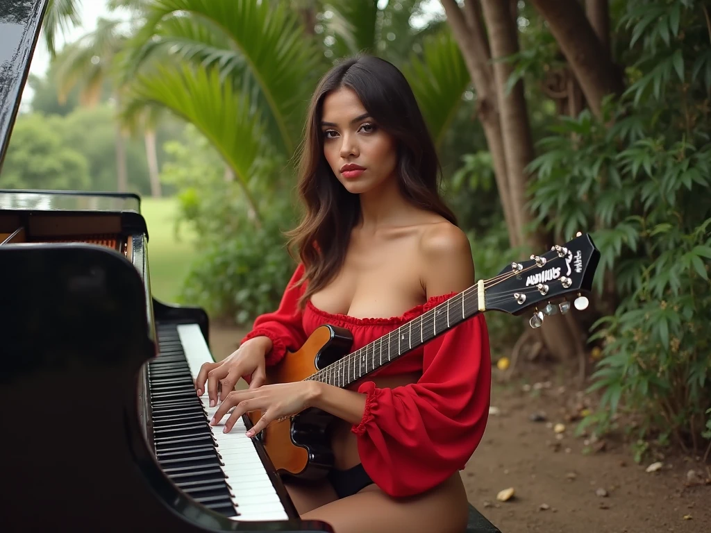 A piano in an abandoned garden with a girl in a bikini who is playing