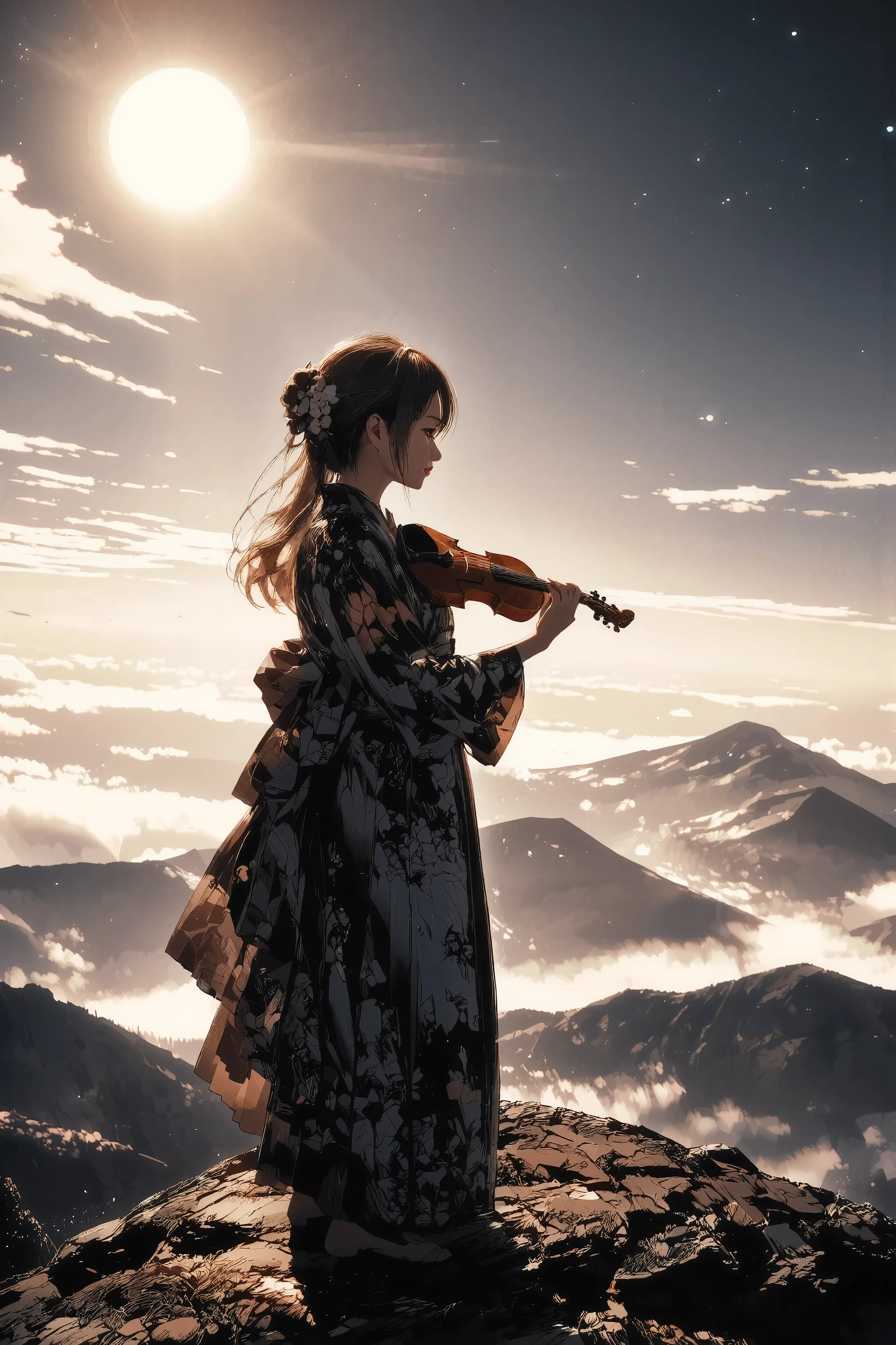 A girl in a floral-patterned kimono stands on a moonlit cliff, playing a violin with serene intensity. Her full figure is captured in a close-up composition that balances her presence with the vast, dreamlike background. Her kimono gently flows in the breeze, petals caught in the air around her. The glowing full moon illuminates her from behind, casting soft light on her hair and shoulders. Behind her, the sky stretches wide in deep shades of indigo, scattered with stars and soft clouds, while below the cliff, a tranquil lake reflects the moonlight in shimmering silver tones. She holds the violin close under her chin, her bow gracefully extended mid-motion. Her expression is calm and focused, lost in the melancholic melody echoing through the still night. Ethereal lighting, soft rim light from the moon, filmic contrast, Makoto Shinkai inspired style, dreamy atmosphere, ultra-detailed, cinematic framing.