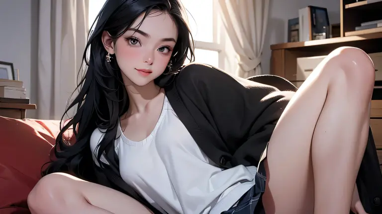 (Masterpiece, Best Quality, 8k Wallpaper, High Resolution, Super Real), 1 Girl, 16 Years Old, High School Girl, Alone, (8k, Best Quality, (Realistic, Photorealistic:1.37), Super Detail ,((( 1 girl))), Alone, in a cute little girl's room with beautiful details, at night,, (red nose), (smile: 1.15), (closed mouth) long hair in a ponytail , beautiful woman, solo woman, tabletop, digital art, digital illustration, 4K, 8k, super detail, beautiful image, clear image, photorealistic, RAW photo, perfect face, perfect lines, perfect eyes, Soft lighting) 1 female, (Long black hair, straight hair, strong gaze, beautiful woman, strong makeup, female, small breasts: 1.3),, classroom full of light, school, sparkling curtains, blazer , knees Long pleated skirt, loose cardigan,
