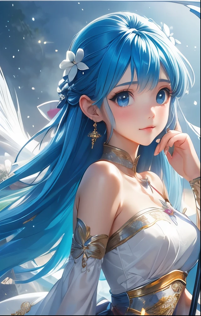 (((SFW、Highest quality、 first class masterpiece 、 Normal Body 、32k、 detailed face 、super precise、 normal hand、5refer to、Highest))) flora、"Dorakue characters"、beautiful girl、Blue and silver hair、Glowing Hair、beautiful breasts、Slender、 slim、Petite、 can be used、Half shoulder off、 white dress 、blue skirt in Airliner、Wand of Light