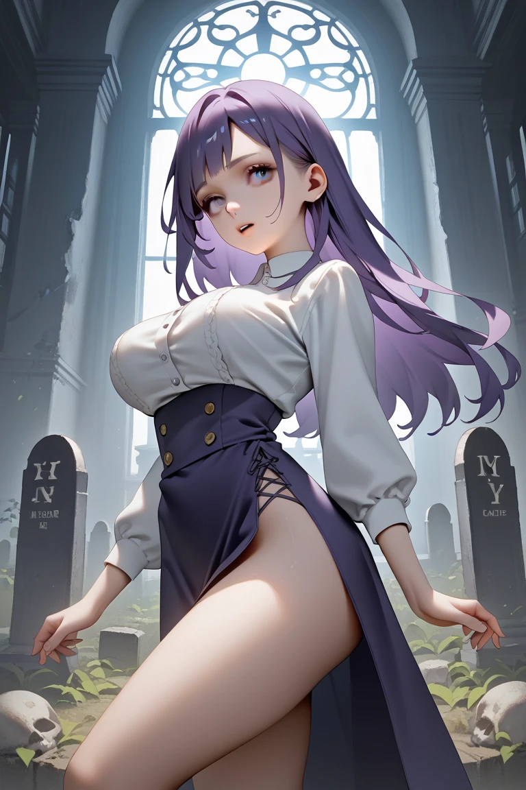 Masterpiece, 1girl,solo,huge breasts, ghost costume , (hitodama) ,night, tombstone, graveyard, long sleeves, very long sleeves, , ghost, pale skin,, off shoulder, cleavage, no bra, (((extremely long white hair))), standing by tombstone, bare legs, shredded tattered clothes, curvy wide hips, massive breasts, chubby thighs, (((beautiful bright pink anime eyes))), japanese graveyard, full lips, beautiful mature face, MILF dark lighting, Crying