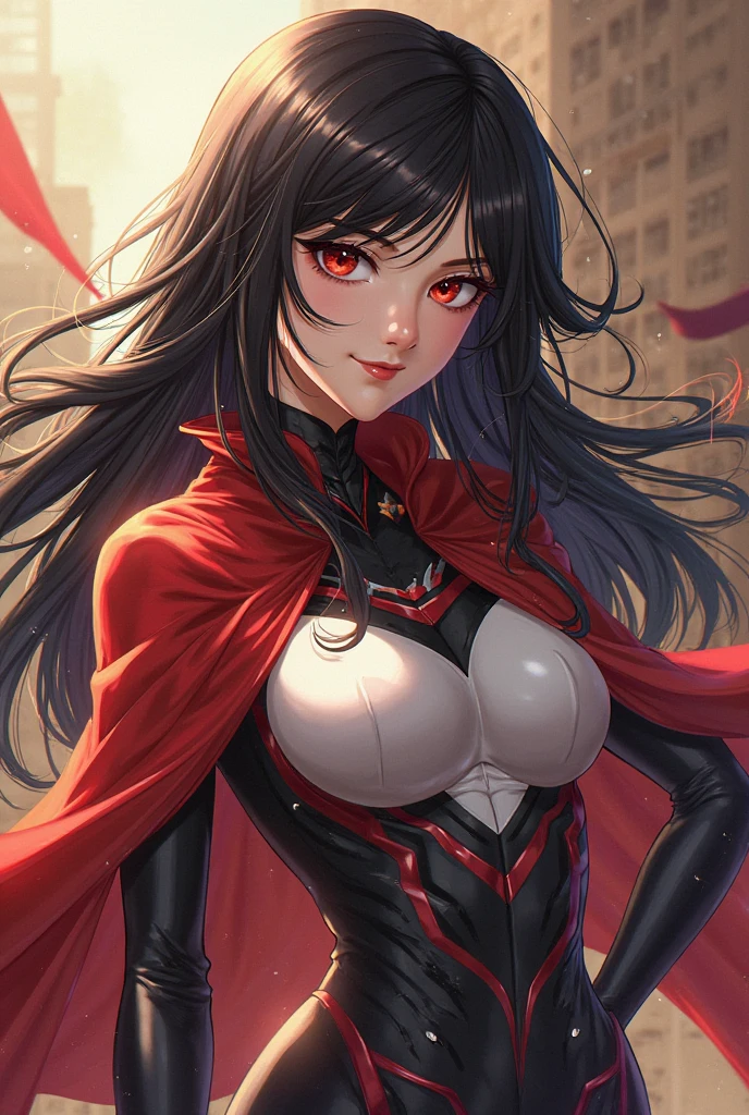 (whole body),masterpiece, Highest quality, One Girl, purple, Long Hair, Black Hair, Hair on one eye, (Red Hero Suit),Red bodysuit,black elbow gloves,Black thigh-high boots,Thick thighs,Place one hand on hip,upright,View your viewers, smile, Simple Background