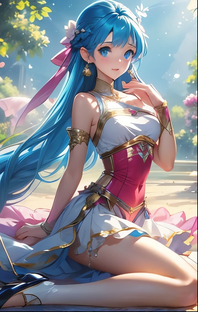 (((SFW、Highest quality、 first class masterpiece 、 Normal Body 、32k、 detailed face 、super precise、 normal hand、5refer to、Highest))) flora、"Dorakue characters"、beautiful girl、Blue and silver hair、Glowing Hair、beautiful breasts、Slender、 slim、Petite、 can be used、Half shoulder off、 white dress 、blue skirt in Airliner、Beautiful legs、Wand of Light