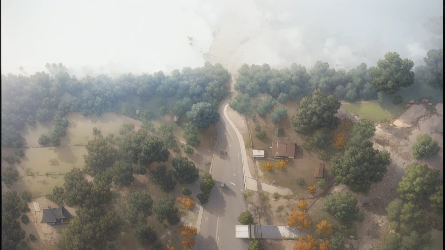 map style, Asian style, nice color, generate from original image, details, trees, straight roads way, view from image,  roads from original image, fields