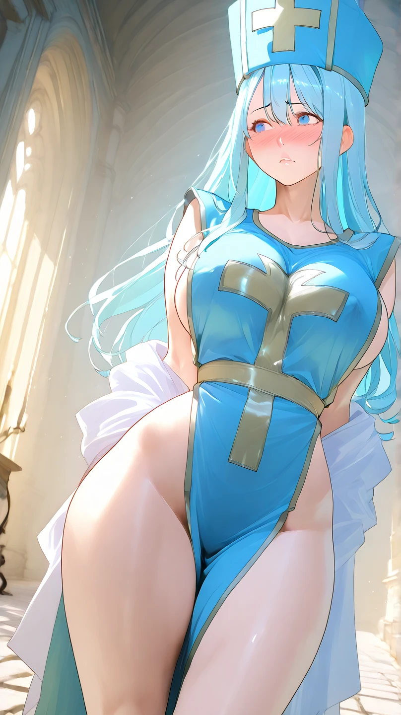 Princess Celestia from the movie "Mlp equestria girls", annoyed, looking at the viewer, white dress, She lifts her dress with her hands to show her sexy blue panties, blue thigh-high stockings, garter belt in each stocking, In a castle, at night, from below, big breasts. 