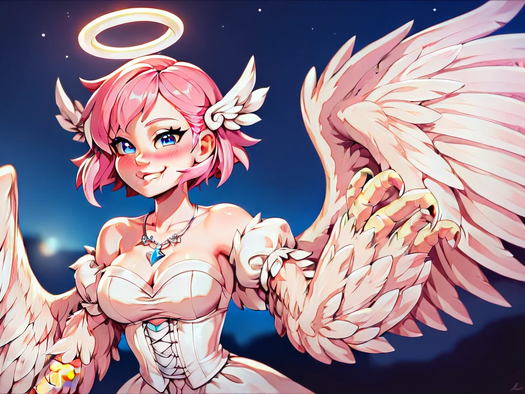 best quality,original,amazing,masterpiece,extremely detailed wallpaper,extremely detailed cg,extremely,Ultra HD,illustration,wallpaper,4k,
BREAK
1girl\(blonde hair,blue eyes,blush,earrings,\),adjusting hair,angel,angel wings,bangle,bangs,bare shoulders,bead bracelet,blue sky,bracelet,breasts,cherry blossoms,cleavage,cloud,collarbone,confetti,covered navel,cowboy shot,day,dress,falling petals,feathered wings,feathers,halo,halterneck,jewelry,large breasts,long hair,looking at viewer,outdoors,panty \(psg\),parted lips,petals,red dress,rose petals,single wing,sky,smile,solo,standing,very long hair,white wings,wings,leg band,
dynamic pose,