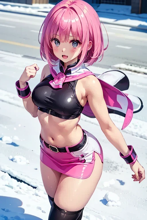 (Superb Pink-Haired Girl:1.2), Stunningly Detailed, Vibrant, Realistic, Photorealistic, (Extremely Detailed Hair:1.5), Pink Ombre Bob Cut, Hair Blowing in the Wind, Shiny Hair, Shiny Skin, (Blush Pink Bodysuit:1.4), Slightly Transparent, Revealing Abdomen, Knee-High Socks, (Pink Converse:1.4), Slightly Crouched Stance, (Dynamic Poses:1.5), Outdoor Scene, Cherry Blossom Trees, Sunlight Filtering Through, (Soft Focus:1